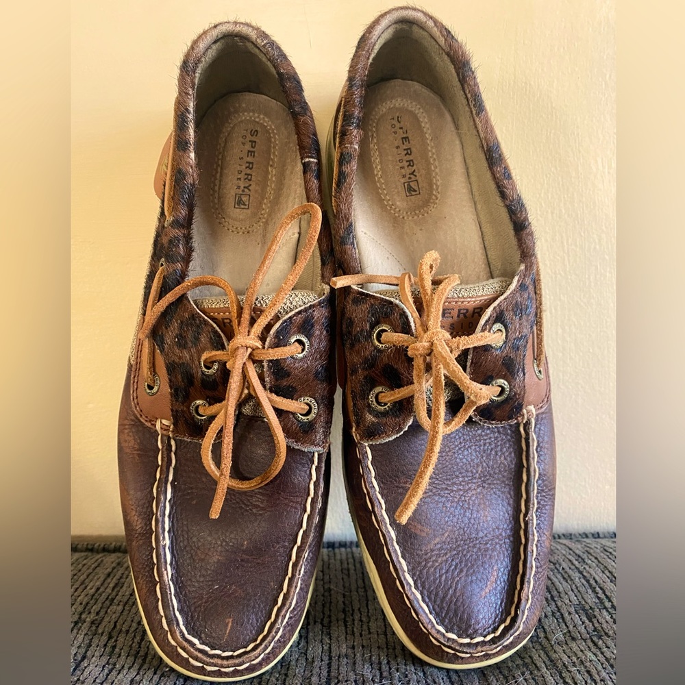 Sperry brown leather Top-Sider loafers with faux cheetah fur detail size 9.5